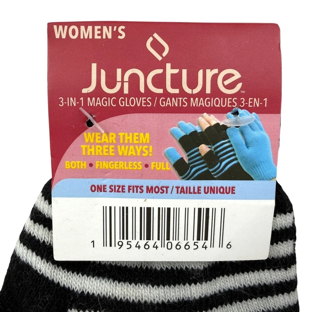 Juncture Women's 3-in-1 Magic Gloves Black White Striped Convertible One Size